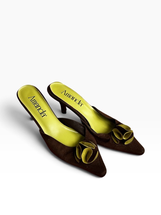 Amanda Shoes - Y2K Amanda Brown and Lime Kitten Heel Mules Size 8